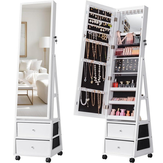 Furmax 360° Swivel Mirror Jewelry Cabinet with Lights, Full Length Mirror Jewelry Armoire Organizer, Standing Lockable Jewelry Storage Cabinet with 2 Drawers (White)
