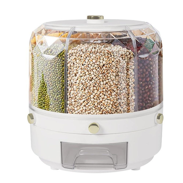 Unndysrt 360°Rotating Rice and Grain Dispenser - 6 Compartment Sealed Storage Container with One-Button Dispensing for Snacks, Candy, Coffee Beans, and Dog Food (White)
