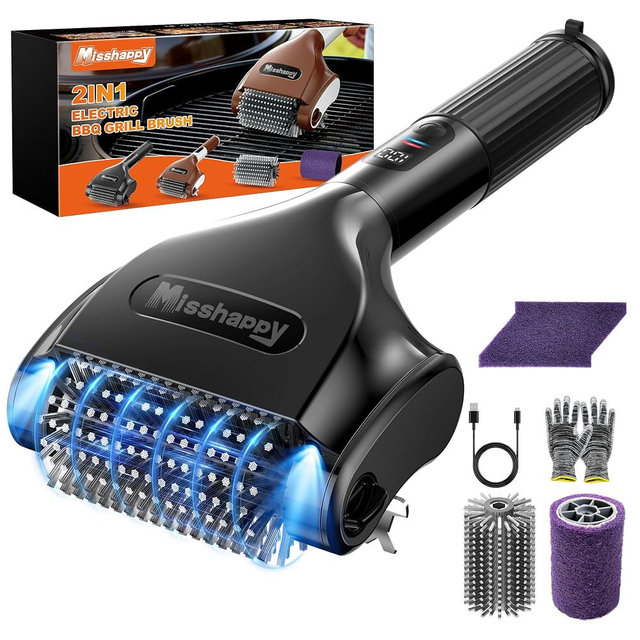 Misshappy Electric BBQ Grill Brush - 4000mAh Cordless BBQ Grill Cleaner 2 Speed - 800RPM Bristle Free Electric Grill Cleaner for Outdoor Grill Rechargeable with Scraper/LED Light/LED Display (Black)