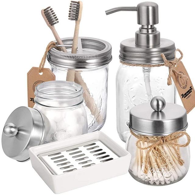Mason Jar Bathroom Accessories Set 5 Pcs - Soap Dispenser & 2 Apothecary Jars & Toothbrush Holder & Ceramic Drain Soap Dish - Rustic Farmhouse Decor Bathroom Countertop Vanity Organize, Brushed Nickel
