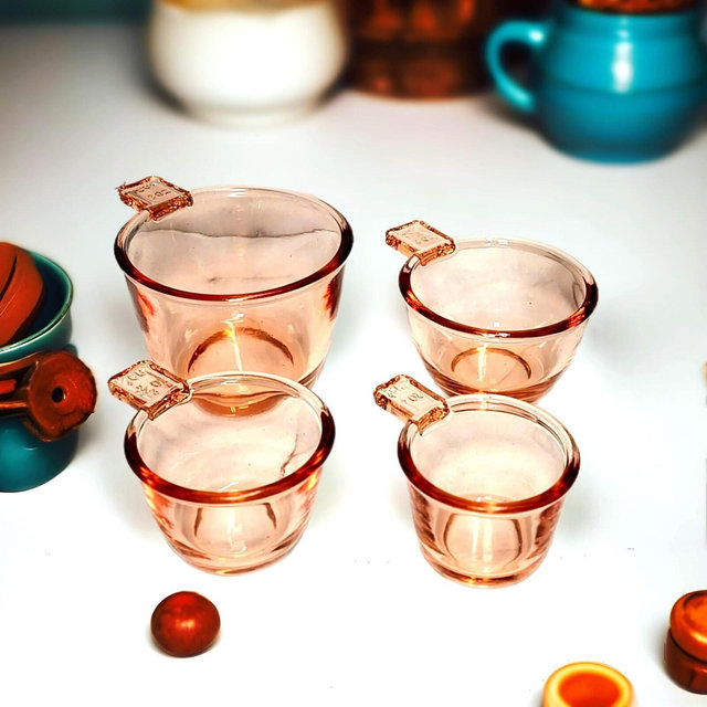 Nesting Glass Measuring Cup Set, Pink Amber - Vintage, Depression Style Glass, Farmhouse Kitchen Gift, Retro Cooking, Country Kitchenware