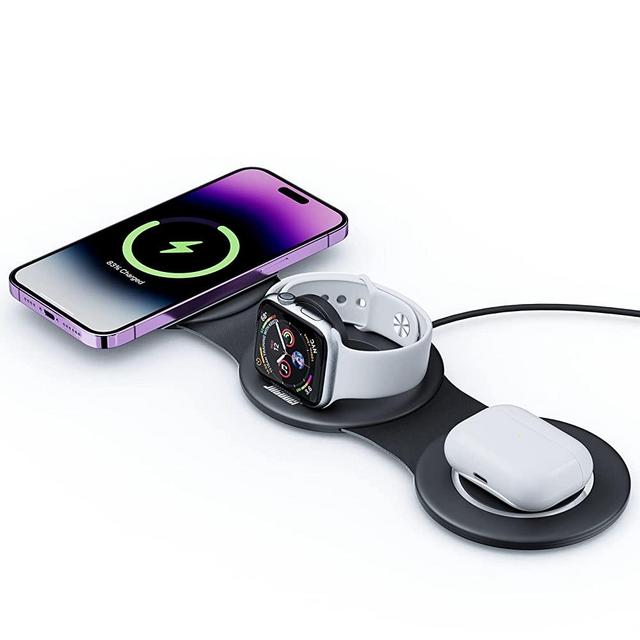 3 in 1 Wireless Charging Station,Hicober Charger Station [Compatible with MagSafe],Foldable Charging Pad for Multiple Devices for iPhone 14 13 12 Pro Max Apple Watch/Airpods (QC3.0 Adapter Included)