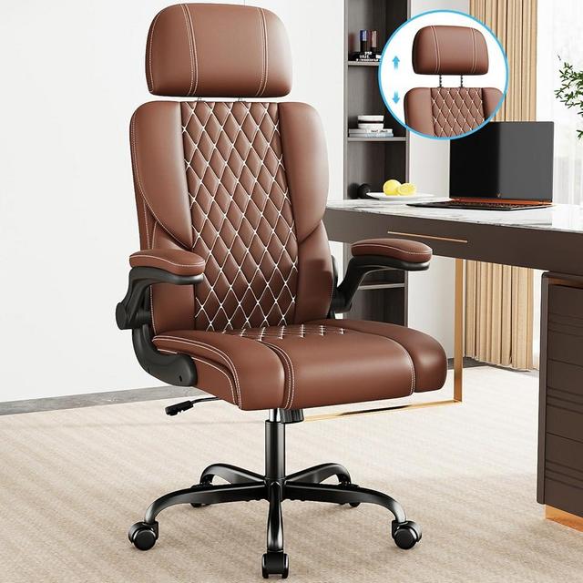 Sytas Executive Leather Office Chair, Comfy Desk Chair with Adjustable Headrest & Flip-up Padded Arms & Lumbar Support, Adjustable Hight and Tilt, Rolling Swivel Chair, Brown
