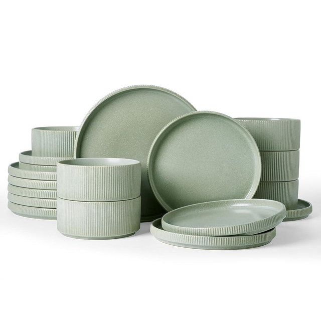 Famiware Star Dinnerware Set, Plates and Bowls Sets for 6 (18pcs), Ribbed Stoneware Dishes - Chip & Scratch Resistant, Microwave & Dishwasher Safe Kitchenware, Matte Sage Green