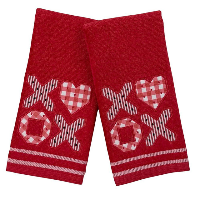 Serafina Home Valentine Bathroom Fingertip Towels - Set of 2 Red, 100% Cotton, Embroidered XOXO Heart Design, 18" x 12" Inches, Decorative Bath Kitchen Hand Towels