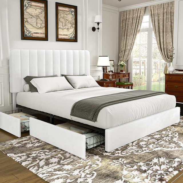VECELO Queen Size Upholstered Bed Frame with 4 Drawers and Headboard, Velvet Platform Storage Bedframe, Wooden Slats Support, No Box Spring Needed,Snow-White
