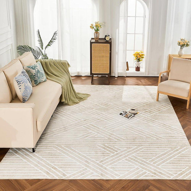 INGEROOM 6x9 Washable Area Rugs, Beige Geometric Area Rug for Living Room Bedroom, Modern Neutral Area Rug, Large Non-Slip Indoor Floor Carpet for High Traffic Areas, Kitchen, Dining Room