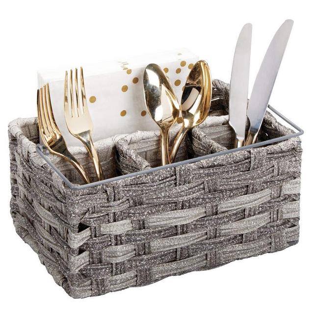 mDesign Plastic Woven Cutlery Storage Organizer Caddy Tote Bin Basket for Kitchen Table, Cabinet, Pantry - Holds Forks, Knives, Spoons, Napkins, Serving Utensils - Indoor or Outdoor Use - Gray