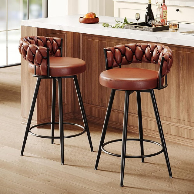 26" Counter Height Bar Stools Set of 2, Premium Faux Leather Barstools with Woven Backs Support & Heavy Duty Metal Legs, Upholstered 360°Swivel Bar Chairs for Kitchen Counter, Easy Assembly, Brown
