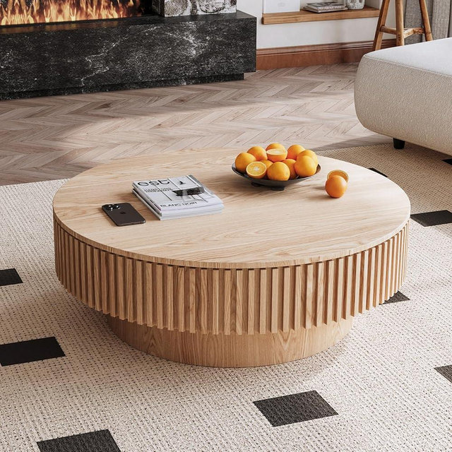 JURMALYN 39.37" Round Coffee Table with Storage for Living Room Wood Coffee Table Contemporary Circle Center Table for Apartment, Easy Assembly, Oak