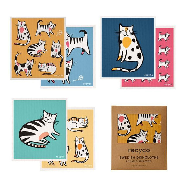 RECYCO Swedish Dishcloths for Kitchen | 6 Packs Cuddly Cats Washable Dish Rags | Cellulose Reusable Cleaning Paper Towels | Absorbent Counter Dish Cloth Sponge Kitchen Wipes, 8" L x 7" W