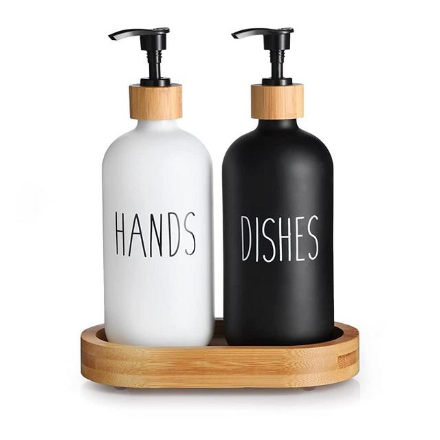 HULISEN Hand and Dish Soap Dispenser Set with Bamboo Tall Tray, Glass Soap Dispenser for Kitchen Sink, Matte Soap Dispenser Bottle Suitable for Modern/Boho/Farmhouse Kitchen Decor (Black & White)
