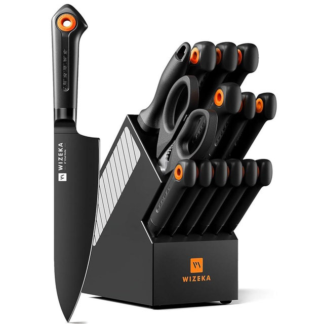 WIZEKA Kitchen Knife Block Set: 15 Pieces Dishwasher Safe Knives Set for Kitchen, Ultra Sharp Black Knife Set With Sharpener, Non-Slip Handle, Anti-Rust Coating, Dark Vision Series, Mothers Day