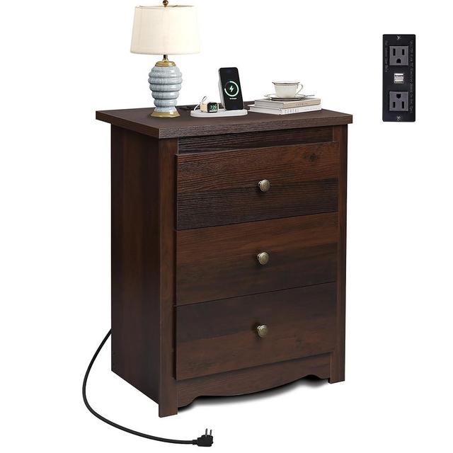 WLIVE Tall Nightstand with Charging Station, Wood Nightstand with 3 Drawers, Bedside Tables Bedroom, Dorm, End Table with 2 USB Ports and 2 AC Outlets, Bedside Table, Espresso