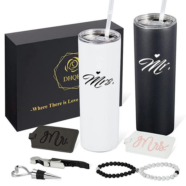 Mr and Mrs Couples Gift Stainless Steel Tumbler,Magnetic Couples Bracelets,Couple Luggage Tags,Engagement Wedding Gifts For Couples, Bridal Shower Gifts For Bride,20 Oz Slim Water Tumbler