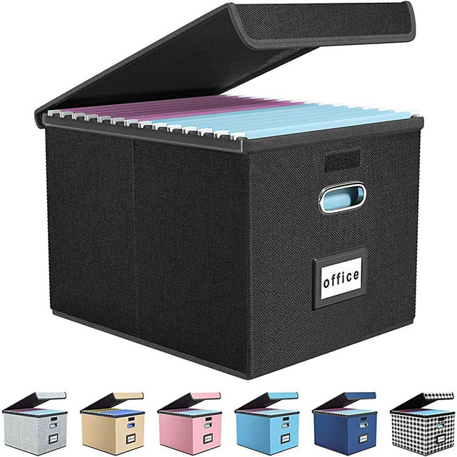 Upgrade Portable File Organizer Box, Huolewa Large Linen Hanging Office Document Storage Box with Lid - Black, Collapsible Filing & Storage Boxes for Office/Decor/Home - 14.9 x 12.7 x 10.8 inch