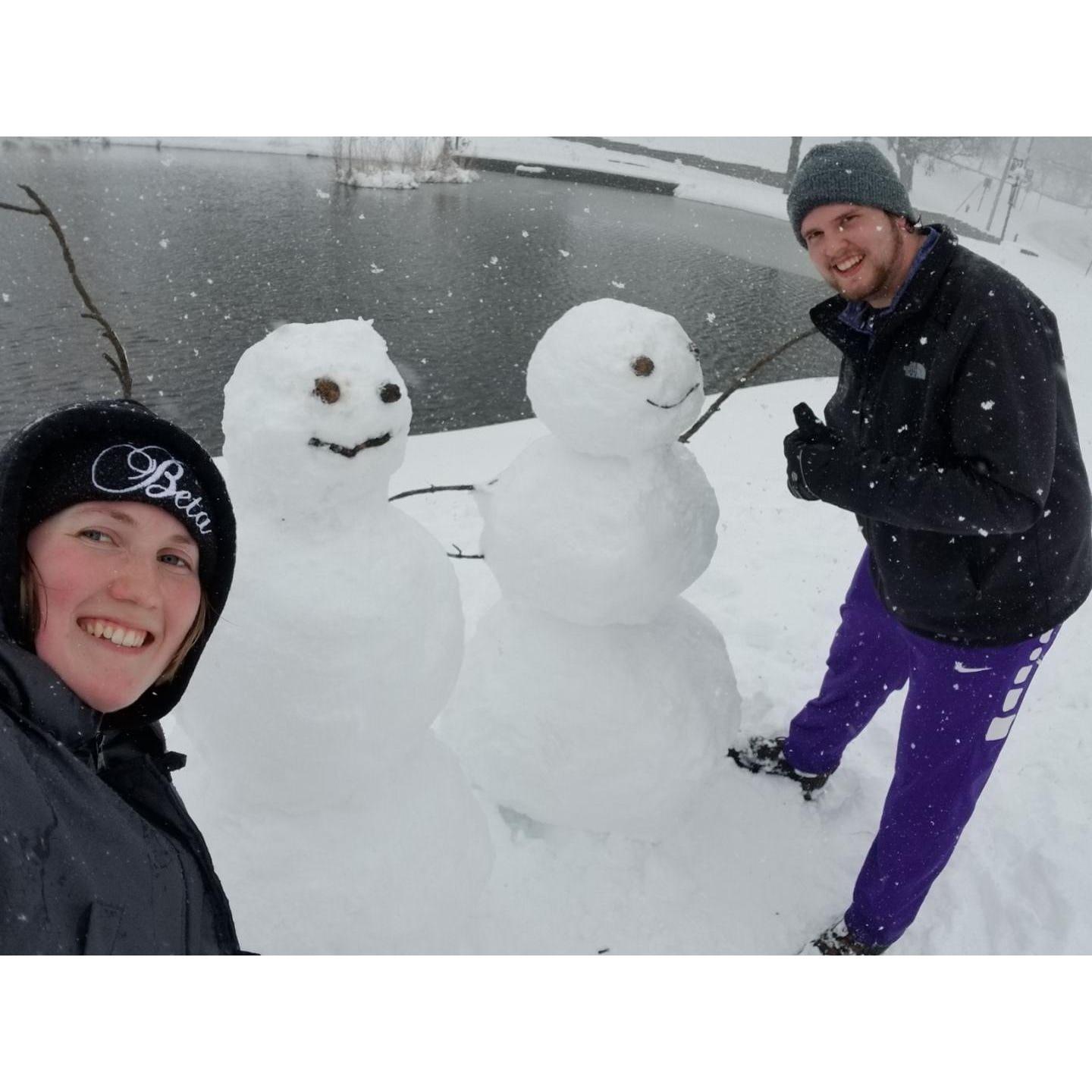 Two year anniversary date - building snowmen on campus, spring 2018