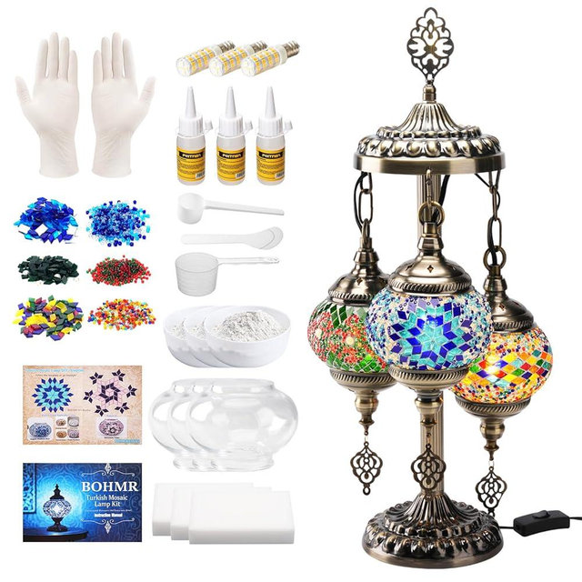 BOHMR DIY 3 Globe Turkish Mosaic Lamp Kit, 23"H Stained Glass Table Lamp Making Kit-Easy & Fun, No Experience Needed, Mosaic Art & Craft Project Kits for Adults & Teens, Make Your Own Lamp, Multicolor