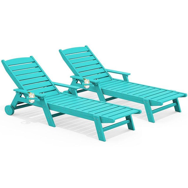 SERWALL Patio Chaise Lounge Chair Set of 2, 78'' Long 5-Positions Adjustable HDPE Outdoor Lounge Chair for Pool, Poly Lounge Chair with Rolling Wheels & Cup Holder for Poolside, Deck, Aqua Blue