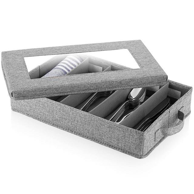 STOZU Flatware Storage Case with 5 Adjustable Compartments and Removable Lid - Tableware Utensil Chest with Carrying Handles and Padded Dividers - Protects and Organizes Cutlery and Silverware