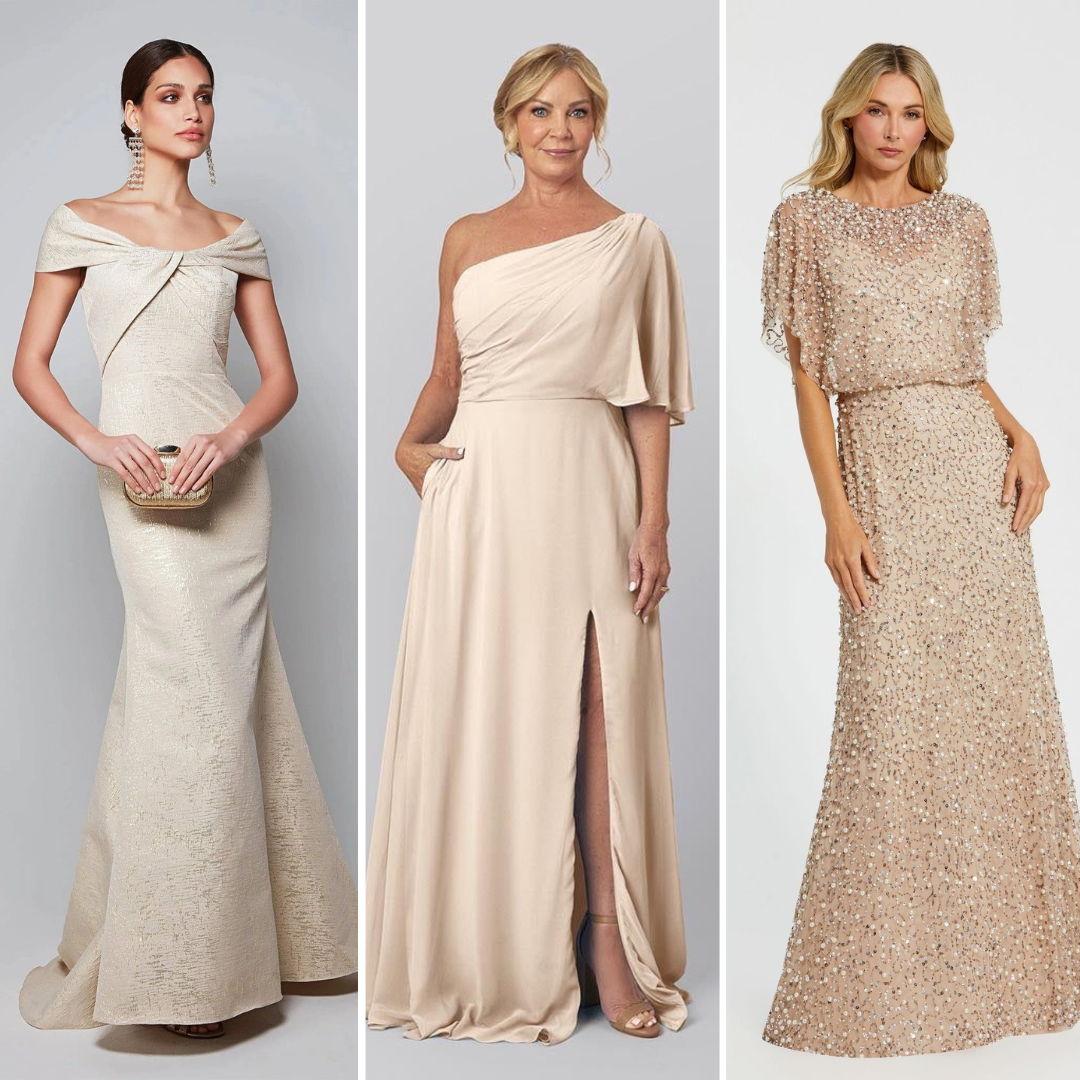 Elegant champagne and beige dress inspiration for women - soft, timeless tones that fit perfectly within our Coastal Elegance palette.