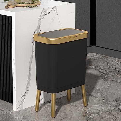 URALFA 4 Gallon Kitchen Trash Can with Lid, Slim Garbage Can Bathroom Trash Can with Gold Edge, Modern Waste Basket Garbage Bin Plastic Trash Bin for Bedroom, Living Room, Toilet & Office, Black