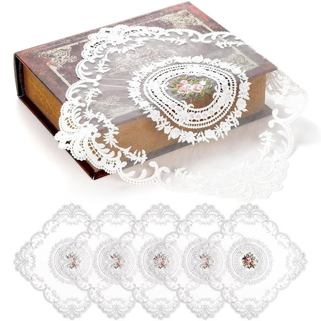 AVLA 6 Pack Lace Placemats, Retro French Style Cup Mat, Embroidered Dinning Table Place Mats, Fashionable Flower Vintage Crochet Lunchmat Doilies, Square Hollow Vase Mat for Home Wedding Decoration