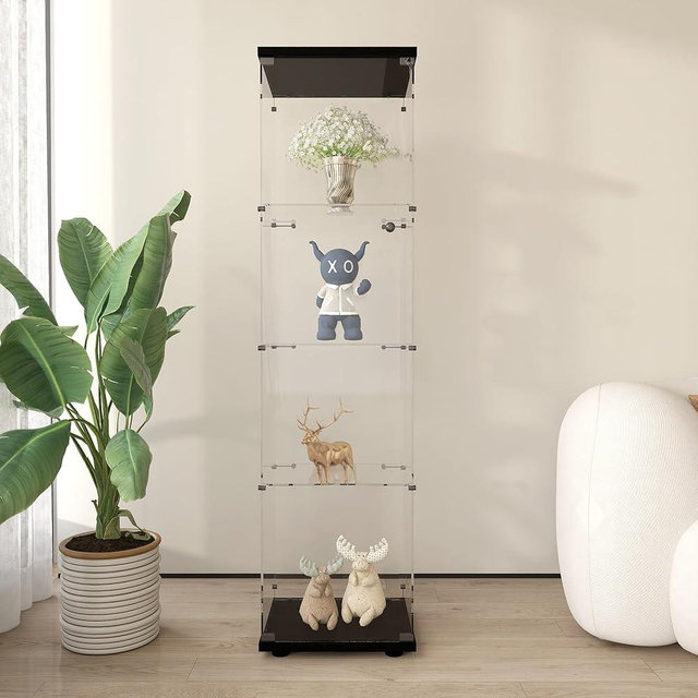 Shengrunner Frameless Glass Display Cabinet, Curio Cabinet with Lock and Glass Door, Floor Standing Showcase Display Shelf for Collectibles, Legos, Figures, Plants