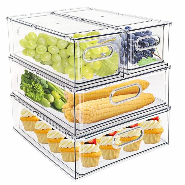 Fridge Drawer Pull Out Stackable Bins with Handle Clear Refrigerator Drawers  Organizer Food Storage Container Box with Dividers Plastic Produce Saver  for Pantry, Cabinet, Kitchen, Clothes 