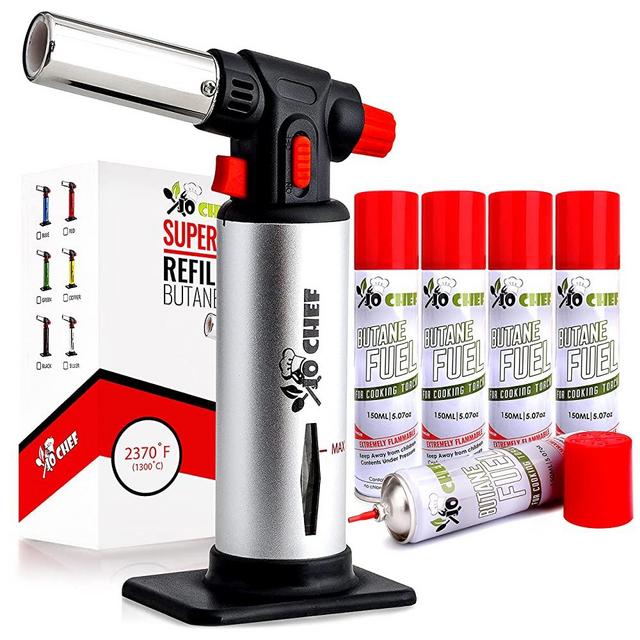 Kitchen Torch With Butane included - Refillable Butane Torch With Safety Lock & Adjustable Flame + Fuel gauge - Culinary Torch, Creme Brulee Torch for Cooking Food, Baking, BBQ, 5 Cans Included