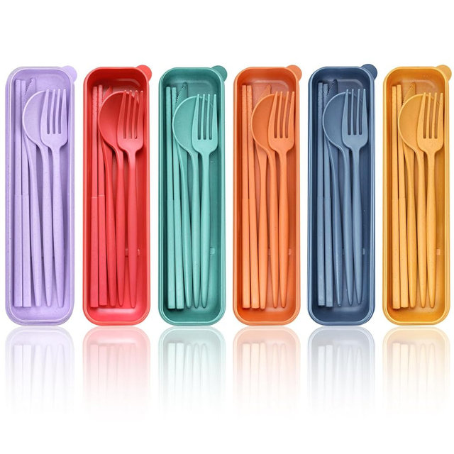 DISSKNIC Reusable Utensils Set with Case, 6 Sets Travel Utensils with Case, Wheat Straw Portable Cutlery Set Chopsticks Knives Fork and Spoon for Lunch Box Accessories