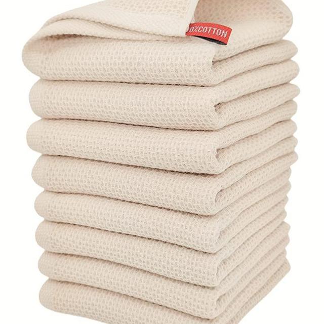 ANEWAY Kitchen Hand Towels 100% Cotton Waffle Weave Dish Towel for Cleaning Drying - Extra Absorbent and Soft - 13 x 28 inch ( Beige-8 Pack )