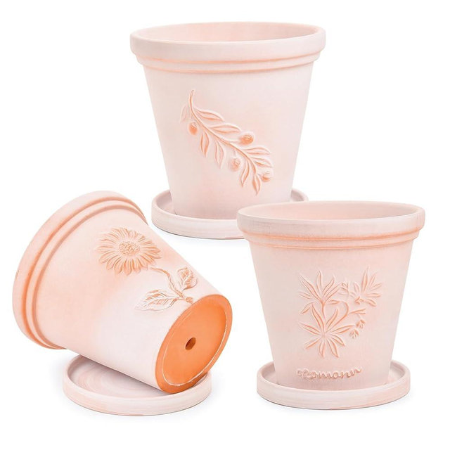 Sungmor Set of 3 Terra Cotta Pots with Saucer & Drainage Hole, 8 Inch Large & Deep Clay Pots, Unique Embossed & Pretty Color Pottery Planters, Decorative Flower Pots for Plants Orchid Cactus Succulent