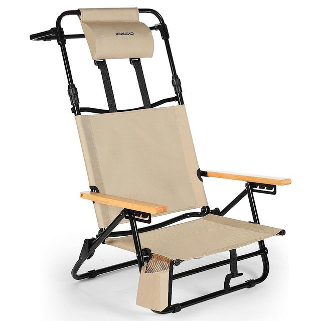 REALEAD Reclining Beach Chairs for Adults - Extendable High Back Low Profile Beach Chair with Headrest, Cooler Pouch, Cup Holder, 4-Position Lay Flat Folding Beach Chairs Heavy Duty Support 330LBS
