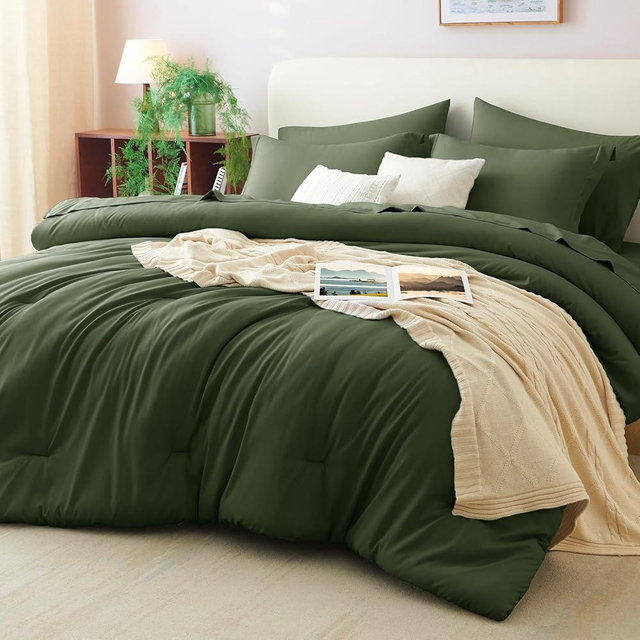 CozyLux King Size Comforter Set Olive Green, 7 Pieces Bed in a Bag King Comforter Set with Sheets, Luxury Bedding Sets with Down Alternative Comforter, Fitted Sheet, Flat Sheet, Pillowcases & Shams
