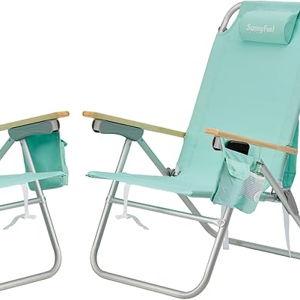 SUNNYFEEL High Back Folding Beach Chair, Tall Beach Chair with 3 Reclining Position, Portable Camping Chair for Adults with Wood Armrest, Lightweight Camping Chair 300 lbs Heavy Duty, Green, 2 Pack
