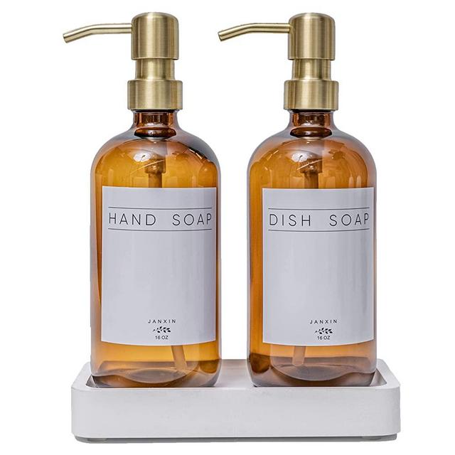 Janxin Glass Soap Dispenser for Kitchen with Stainless Steel Pump and Wood Tray, Modern Bathroom Soap Dispenser with Waterproof Labels for Hand Soap, Dish Soap, Lotion(Amber Bottles+Gold Pumps)