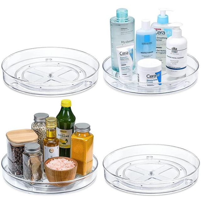 Set of 4, 9 Inch Clear Non-Skid Lazy Susan Organizers - Turntable Rack for Kitchen Cabinet, Pantry Organization and Storage, Fridge, Bathroom Closet, Vanity Countertop Makeup Organizing, Spice Rack