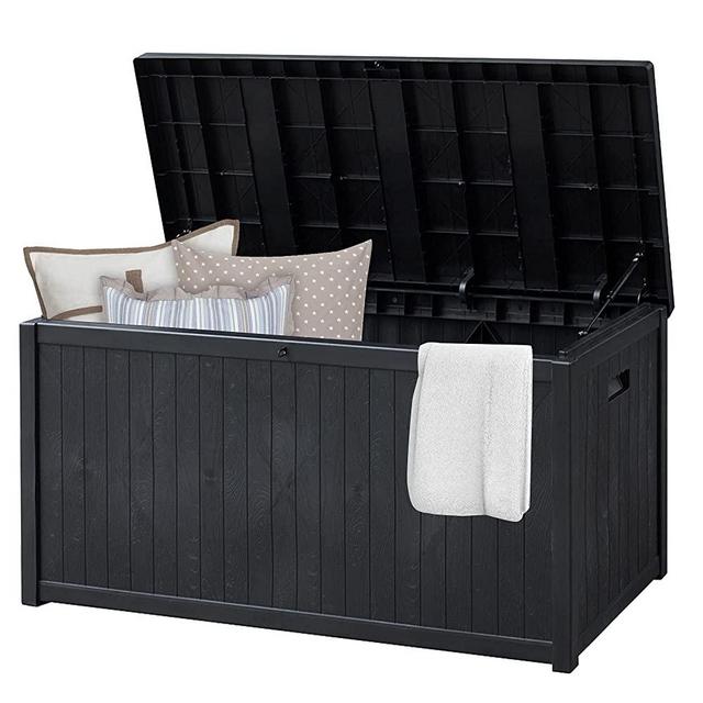 120 Gallon Deck Box, Large Patio Resin Waterproof Outdoor Storage Box Bench Indoor/Outdoor Container for Patio Cushions, Outdoor Furniture, Garden Tools and Pool Toys, Black