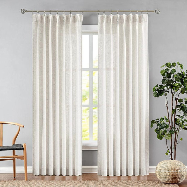 Central Park Pinch Pleated Sheer Curtain Panels 95 Inches Long Linen Blend Slub Yarn Sheer Window Treatment Drape for Rustic Farmhouse Living Room Bedroom, 40"x95"x2, Linen
