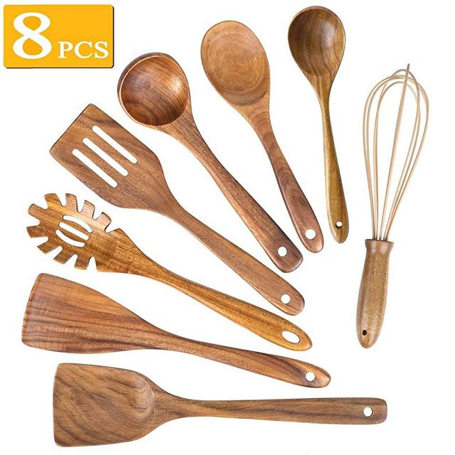 Wooden Kitchen Utensils for Cooking,Natural Teak Wood Utensil Set,Wooden Spoons for Cooking Nonstick Kitchen Utensils set Spatula (8)