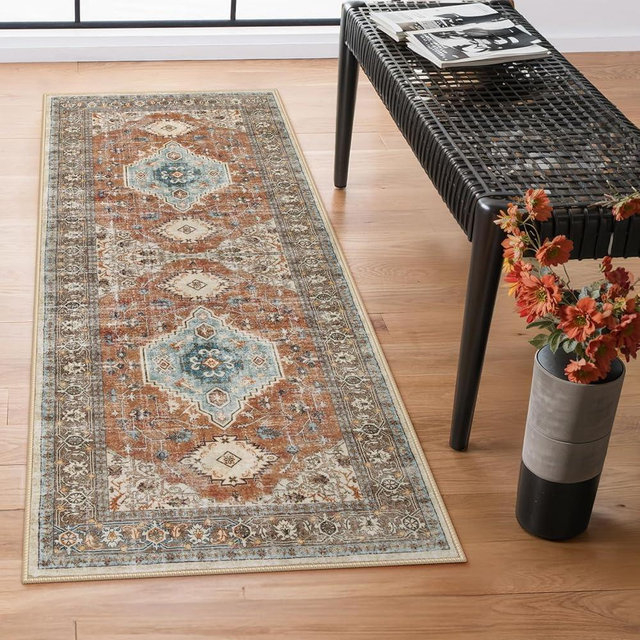 Lahome Oriental Kitchen Runner Rug- 2x6 Rug Runners for Hallways Ultra-Thin Washable Runner Rug Non Slip, Vintage Soft Carpet Runner for Bathroom Bedroom Laundry Room, Orange/Multi