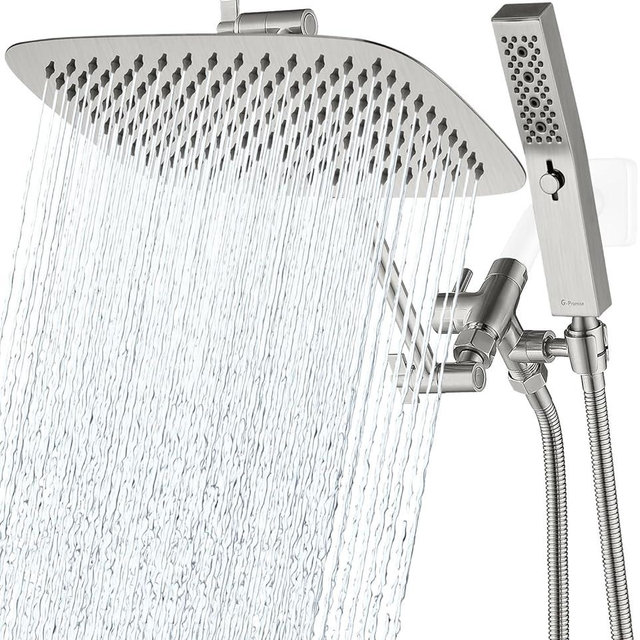 G-Promise All Metal 12 Inch Dual Square Shower Head with Handheld Spray Combo, Rain Shower Head, Adjustable Extension Arm, 3-Way Diverter, 71 Inch Extra Long Hose - A Bathroom Upgrade(Brushed Nickel)