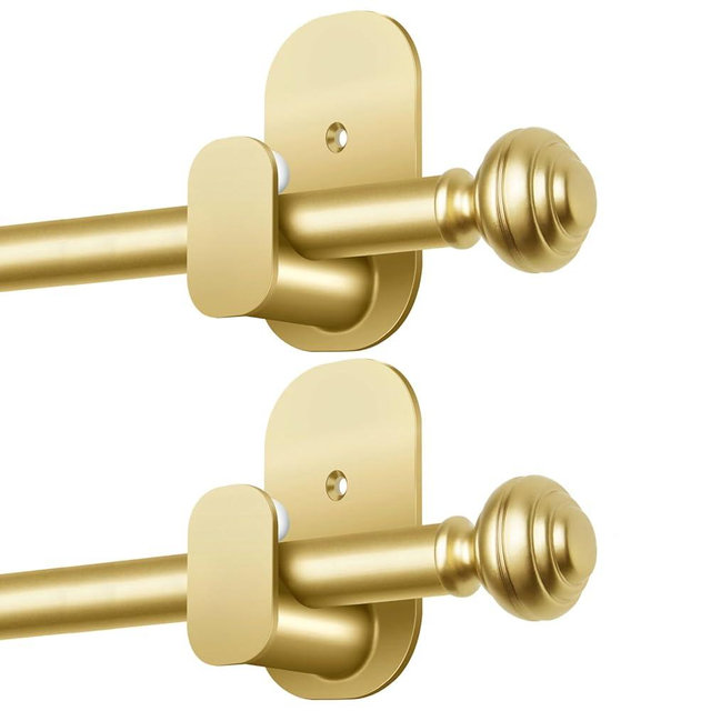 KAMANINA 2 Pack Curtain Rods No Drilling for Windows 16 to 30 Inches, 5/8 Inch Diameter Adjustable Single Curtain Poles with Adhesive Brackets, Gold