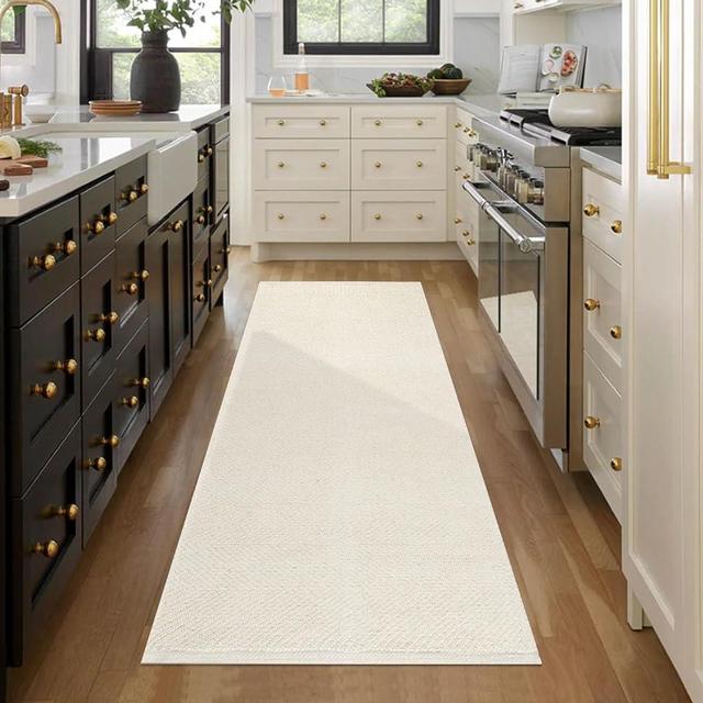 HXJDCL Farmhouse Kitchen Runner Rug 2'x 6',Cream Cotton Woven Washable Bedroom Runner Rug Reversible Hallway Rug Boho Laundry Room Rug for Living Room Sink Area Rug