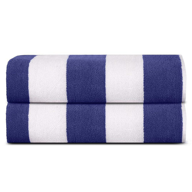 SweetNeedle Oversized 2 Pack Beach Towels for Adults - Royal Blue White Cabana Striped Classic - 100% Cotton Terry Ringspun Pool Towel, Quick Dry, Absorbent Swimming Large Towel, 39 by 59 Inches