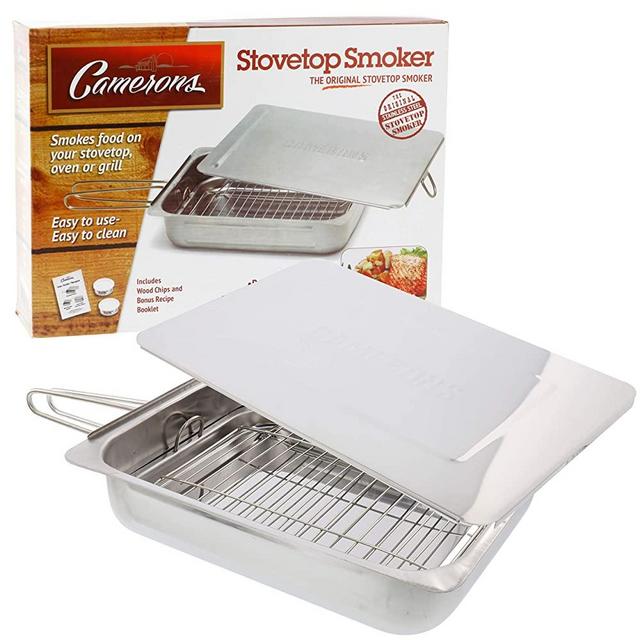 Camerons Large Stovetop Smoker w Wood Chips and Recipes - 11" x 15" x 3.5" Stainless Steel Smoker