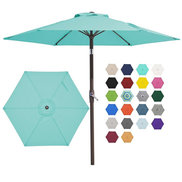 JEAREY 7.5FT Patio Umbrella Market Table Umbrella with 6 Sturdy Ribs, Push Button Tilt/Crank Outdoor Umbrella for Garden, Deck, Backyard, Pool, Peacock Blue
