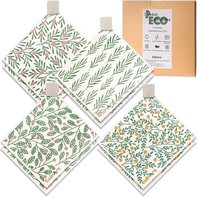 Eulnars Swedish Dishcloths for Kitchen, 8 Pack Green Reusable Paper Towels with Clips, Non-Scratch Swedish Kitchen Towels, Super Absorbent Cellulose Sponge Cloths, Dishwasher Safe, No Odor