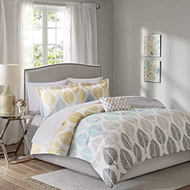 Madison Park Essentials Central Park Queen Size Bed Comforter Set Bed in A Bag - Yellow, Aqua, Grey, Leaf – 9 Pieces Bedding Sets – Ultra Soft Microfiber Bedroom Comforters